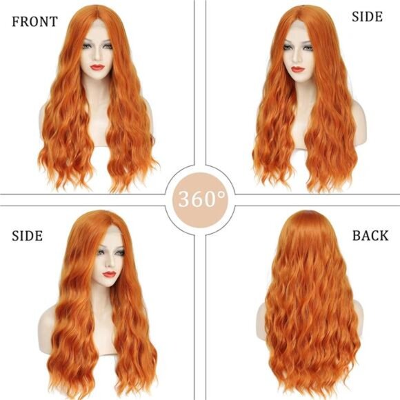 Long Orange Wavy Wigs for Women Middle Part 26 inch Natural Curly Synthetic Wig - Picture 2 of 7